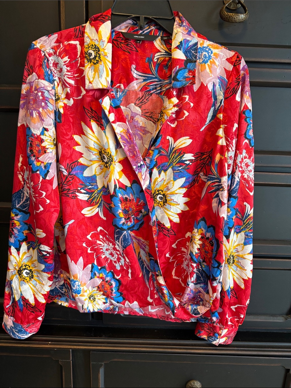 Vero Moda Red Floral Wrap-Style Button Down Blouse